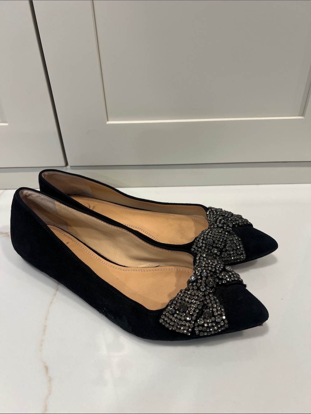 Tory Burch Black Suede Pointed Toe Flats with Crystal Bow